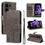 For OPPO Reno13 5G Global Tree & Cat Embossed Pattern Flip Leather Phone Case(Grey)