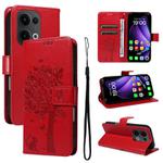 For OPPO Reno13 5G Global Tree & Cat Embossed Pattern Flip Leather Phone Case(Red)