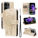 For OPPO Reno13 5G Global Tree & Cat Embossed Pattern Flip Leather Phone Case(Gold)