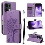 For OPPO Reno13 Pro 5G Global Tree & Cat Embossed Pattern Flip Leather Phone Case(Light Purple)