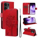 For OPPO Reno13 Pro 5G Global Tree & Cat Embossed Pattern Flip Leather Phone Case(Red)