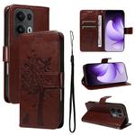 For OPPO Reno13 Pro 5G Global Tree & Cat Embossed Pattern Flip Leather Phone Case(Coffee)