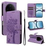 For OPPO Find X8 Global Tree & Cat Embossed Pattern Flip Leather Phone Case(Light Purple)