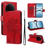 For OPPO Find X8 Global Tree & Cat Embossed Pattern Flip Leather Phone Case(Red)