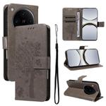 For OPPO Find X8 Pro Global Tree & Cat Embossed Pattern Flip Leather Phone Case(Grey)