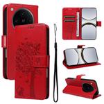 For OPPO Find X8 Pro Global Tree & Cat Embossed Pattern Flip Leather Phone Case(Red)