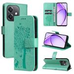 For OPPO A3 4G Global / A60 5G Tree & Cat Embossed Pattern Flip Leather Phone Case(Green)