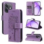 For OPPO A3 4G Global / A60 5G Tree & Cat Embossed Pattern Flip Leather Phone Case(Light Purple)
