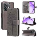 For OPPO A3 4G Global / A60 5G Tree & Cat Embossed Pattern Flip Leather Phone Case(Grey)
