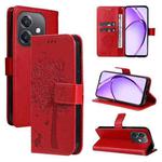 For OPPO A3 4G Global / A60 5G Tree & Cat Embossed Pattern Flip Leather Phone Case(Red)