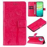 For vivo Y38 / Y200i / T3x Global Tree & Cat Embossed Pattern Flip Leather Phone Case(Rose Red)