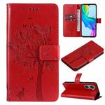 For vivo Y03 Tree & Cat Embossed Pattern Flip Leather Phone Case(Red)