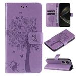 For Huawei nova 12 SE / nova 11 SE Tree & Cat Embossed Pattern Flip Leather Phone Case(Light Purple)