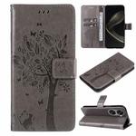 For Huawei nova 12 SE / nova 11 SE Tree & Cat Embossed Pattern Flip Leather Phone Case(Grey)