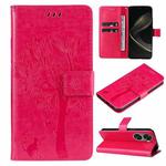 For Huawei nova 12 SE / nova 11 SE Tree & Cat Embossed Pattern Flip Leather Phone Case(Rose Red)