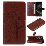 For Huawei nova 12 SE / nova 11 SE Tree & Cat Embossed Pattern Flip Leather Phone Case(Coffee)