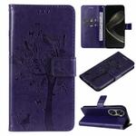 For Huawei nova 12 SE / nova 11 SE Tree & Cat Embossed Pattern Flip Leather Phone Case(Purple)