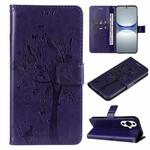 For Huawei nova 12s Tree & Cat Embossed Pattern Flip Leather Phone Case(Purple)