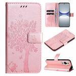 For Huawei nova 12s Tree & Cat Embossed Pattern Flip Leather Phone Case(Rose Gold)