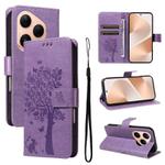 For Huawei Pura 80 5G Tree & Cat Embossed Pattern Flip Leather Phone Case(Light Purple)