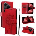 For Huawei Pura 80 Pro 5G Tree & Cat Embossed Pattern Flip Leather Phone Case(Red)