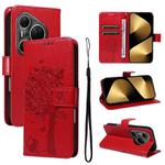 For Huawei Pura 80 Ultra 5G Tree & Cat Embossed Pattern Flip Leather Phone Case(Red)