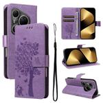 For Huawei Pura 80 Ultra 5G Tree & Cat Embossed Pattern Flip Leather Phone Case(Purple)
