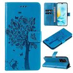 For Honor 200 Lite Global Tree & Cat Embossed Pattern Flip Leather Phone Case(Blue)