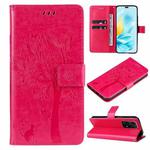 For Honor 200 Lite Global Tree & Cat Embossed Pattern Flip Leather Phone Case(Rose Red)