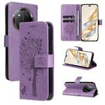 For Honor X9C 5G Global Tree & Cat Embossed Pattern Flip Leather Phone Case(Light Purple)