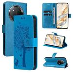 For Honor X9C 5G Global Tree & Cat Embossed Pattern Flip Leather Phone Case(Blue)