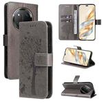 For Honor X9C 5G Global Tree & Cat Embossed Pattern Flip Leather Phone Case(Grey)