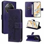 For Honor X9C 5G Global Tree & Cat Embossed Pattern Flip Leather Phone Case(Purple)