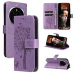 For Honor Magic7 Pro Tree & Cat Embossed Pattern Flip Leather Phone Case(Light Purple)