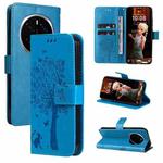 For Honor Magic7 Pro Tree & Cat Embossed Pattern Flip Leather Phone Case(Blue)