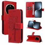 For Honor Magic7 Tree & Cat Embossed Pattern Flip Leather Phone Case(Red)