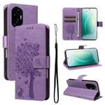 For Honor 300 Tree & Cat Embossed Pattern Flip Leather Phone Case(Light Purple)