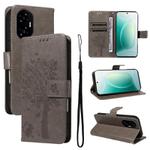 For Honor 300 Tree & Cat Embossed Pattern Flip Leather Phone Case(Grey)