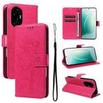For Honor 300 Tree & Cat Embossed Pattern Flip Leather Phone Case(Rose Red)