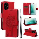 For Honor 300 Tree & Cat Embossed Pattern Flip Leather Phone Case(Red)