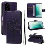For Honor 300 Tree & Cat Embossed Pattern Flip Leather Phone Case(Purple)