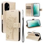 For Honor 300 Tree & Cat Embossed Pattern Flip Leather Phone Case(Gold)