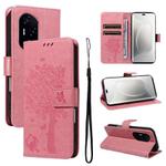 For Honor 300 Pro / 300 Ultra Tree & Cat Embossed Pattern Flip Leather Phone Case(Pink)