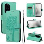 For Honor 300 Pro / 300 Ultra Tree & Cat Embossed Pattern Flip Leather Phone Case(Green)