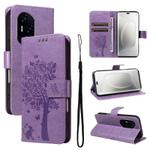 For Honor 300 Pro / 300 Ultra Tree & Cat Embossed Pattern Flip Leather Phone Case(Light Purple)