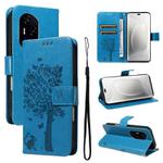 For Honor 300 Pro / 300 Ultra Tree & Cat Embossed Pattern Flip Leather Phone Case(Blue)