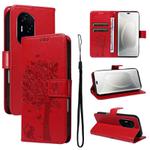 For Honor 300 Pro / 300 Ultra Tree & Cat Embossed Pattern Flip Leather Phone Case(Red)