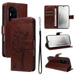 For Honor 300 Pro / 300 Ultra Tree & Cat Embossed Pattern Flip Leather Phone Case(Coffee)