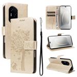 For Honor 300 Pro / 300 Ultra Tree & Cat Embossed Pattern Flip Leather Phone Case(Gold)