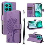 For Honor X8C 4G Global Tree & Cat Embossed Pattern Flip Leather Phone Case(Light Purple)